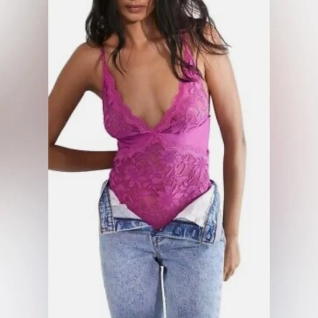 Nwt Free People Speed Date Lace Bodysuit Fuchsia Fizz Size L